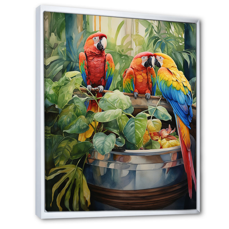 «Red Parrot Jungle Paradise I», art mural perroquet, Cadre flottant blanc, H 32 po x l 16 po x P 1 po