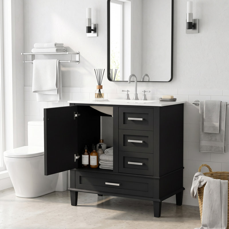 Meuble-lavabo moderne autoportant de 30 pouces avec lavabo simple en céramique intégrée, cadre en bois massif, porte à fermeture en douceur et 3 tiroirs.