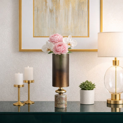 Modern Cylinder Glass Vase with Marble Base & Metal Accent for Home Table Decor - Tall Flower Vase Accent for Living Room Styling - Brown & Gold