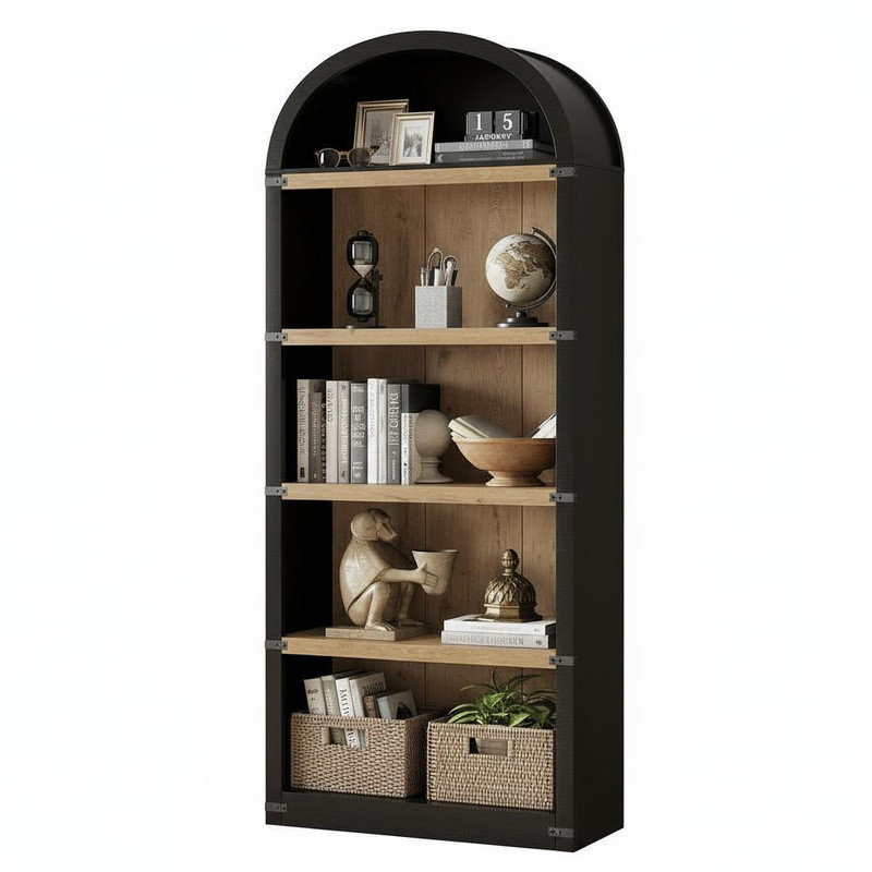 Bibliothèque à 5 tablettes avec bibliothèque arquée de 71,65 pouces de hauteur, Noir/naturel