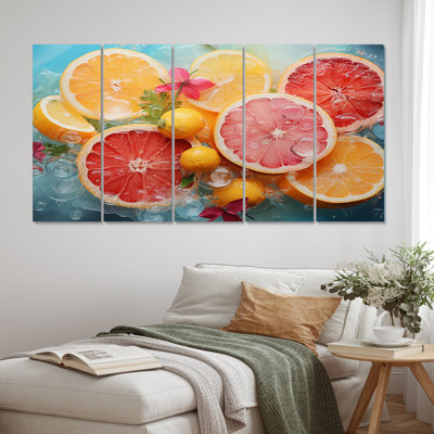 Citrusy Delight II - fruits, reproduction d'art murale - 5 panneaux égaux