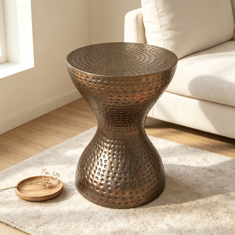 Table d'appoint en sablier pour le salon, table de bout en fer martelé avec finition bronze poli, table d'appoint industrielle