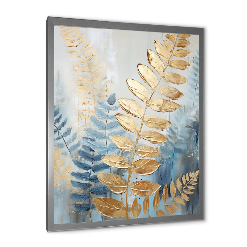 «Blue and Golden Ferns Breeze Symphony III», reproduction sur toile, Cadre simple argenté, H 40 po x l 30 po x P 1,5 po