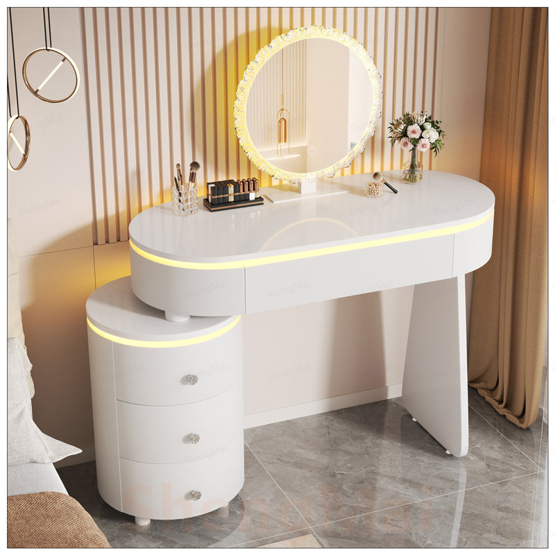 Petit bureau ajustable avec miroir amovible et armoire de rangement réversible pour une disposition personnalisable