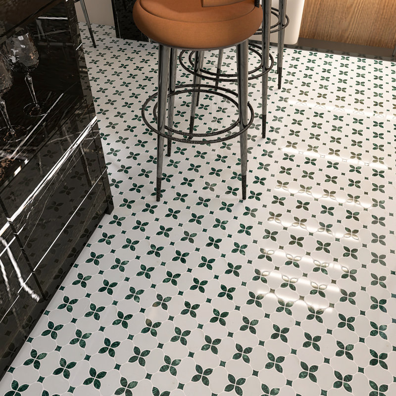 Clover Bloom 11.82 in. x 11.82 in. Floral Polished Marble Mosaic Tile, White/Green