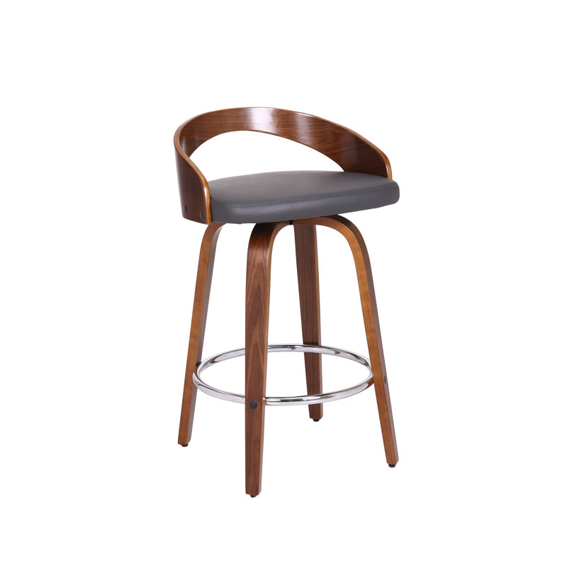 Tabouret de bar pivotant à hauteur de comptoir ou de bar avec dossier bas ouvert en similicuir et bois, Gris, Noyer
