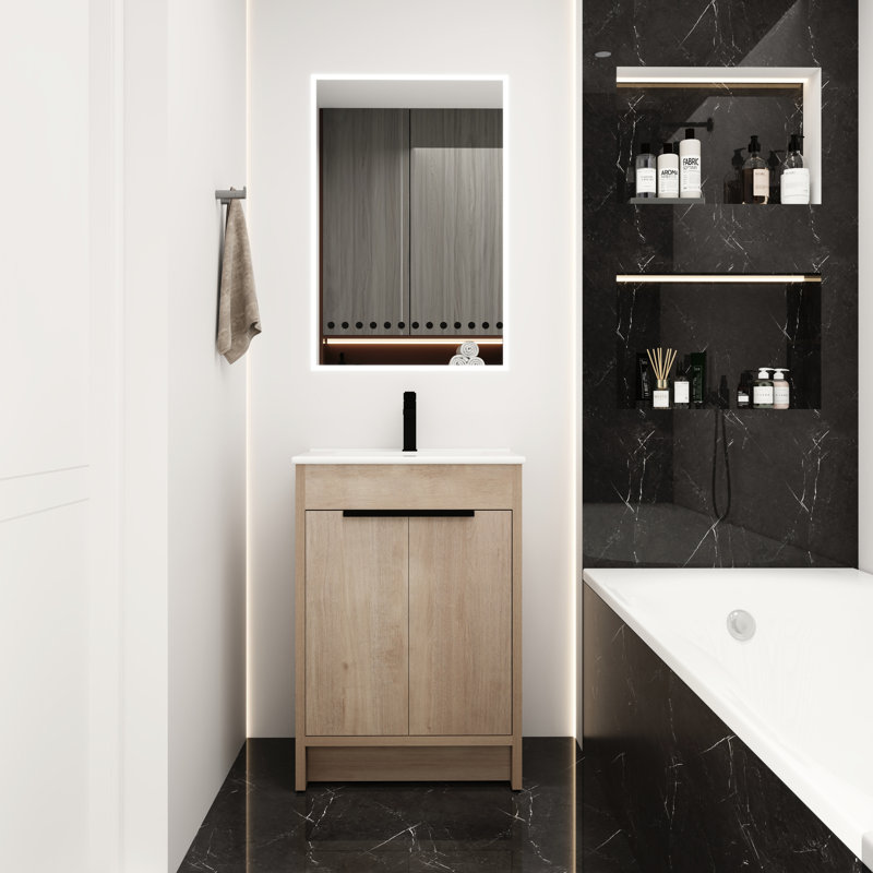 Freestanding White Ceramic Sink Bathroom Vanity - 2 Doors Adjustable Shelf Plain Oak Finish Modern Style Countertop Soft-Close Spacious Construction