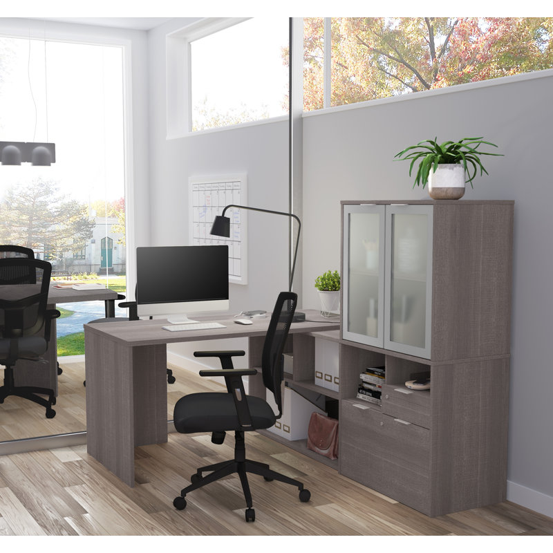 Bureau d'écriture en L réversible avec huche Opérle, Gris écorce