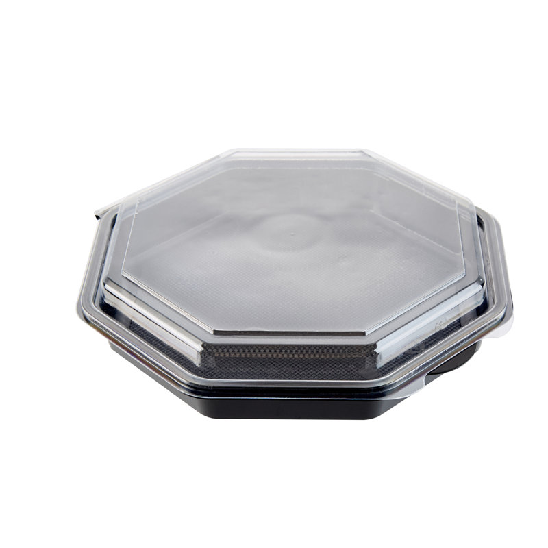 RW Base 9.06 x 9.06 x 2.09 Inch Food Containers, 100 Octagon Disposable Salad Containers - Durable, With Clear Lid, Black Plastic Food Containers, For Appetizers, For Cafes - Restaurantware