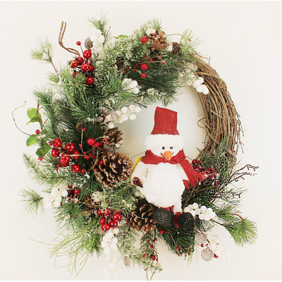 Couronne de soie 22 po bonhomme de neige et baies