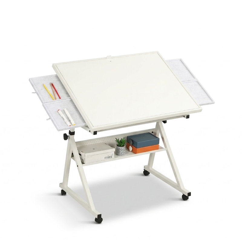 Table de casse-tête à hauteur réglable et inclinable en blanc Ozia, bureau de dessinateur mobile avec 4 plateaux de tri et tablette de rangement