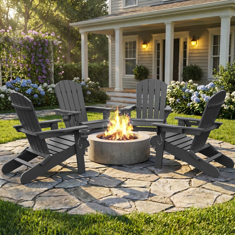 Set of 4 Foldable Adirondack Outdoor Lounge Chairs with Cup Holders for Patio Poolside, Gray