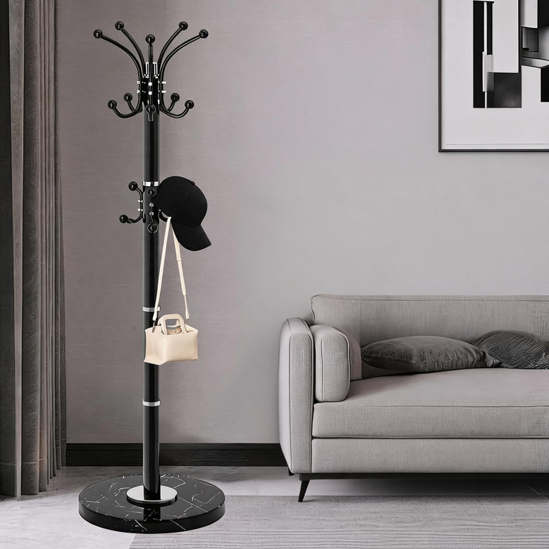 Heavy-Duty Black Metal Coat Rack With Marble Base, 360° Swivel, 16 Hooks, Suitable For Entryway And Office Use., Black