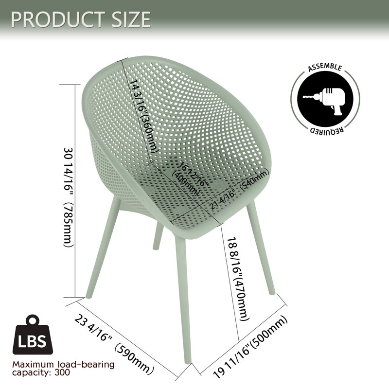 Fauteuil moderne en plastique PP résistant aux intempéries avec filet évidé, intérieur / extérieur (ensemble de 2), Vert