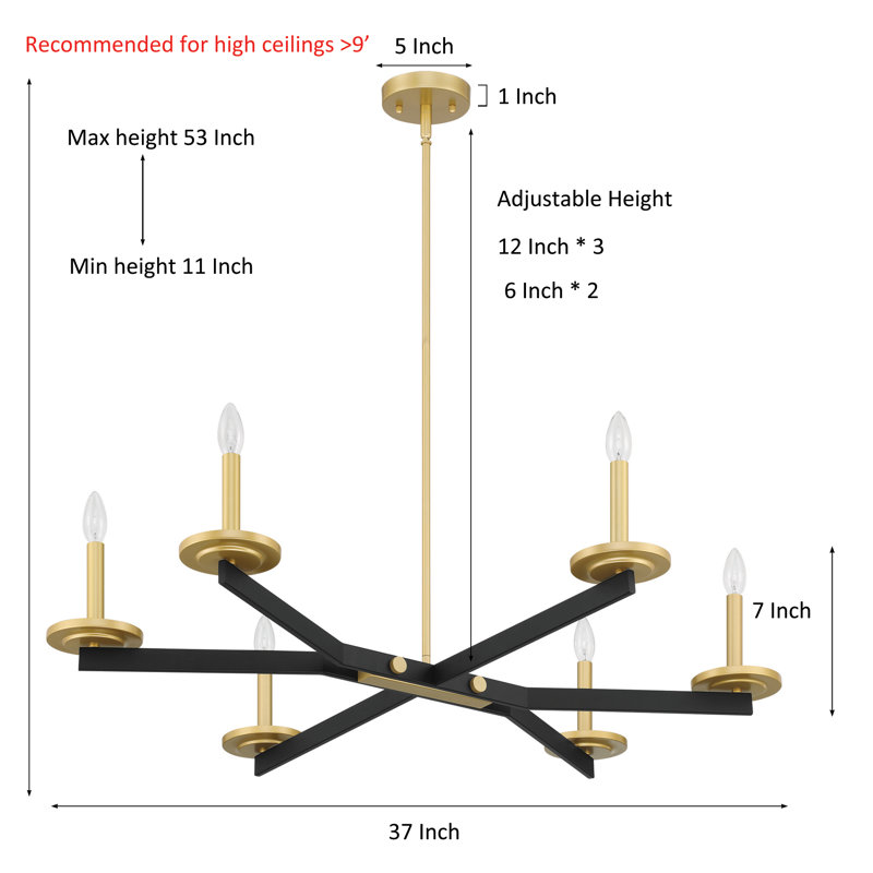 Lustre classique / traditionnel en acier à 6 lumières à intensité variable certifié UL, Or / noir mat