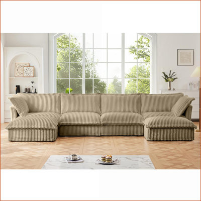 Canapé modulaire moderne à 4 places en U profond avec bords français et amp; Coussins, velours côtelé de chameau pour le salon, appartement | Chameau | Velours côtelé