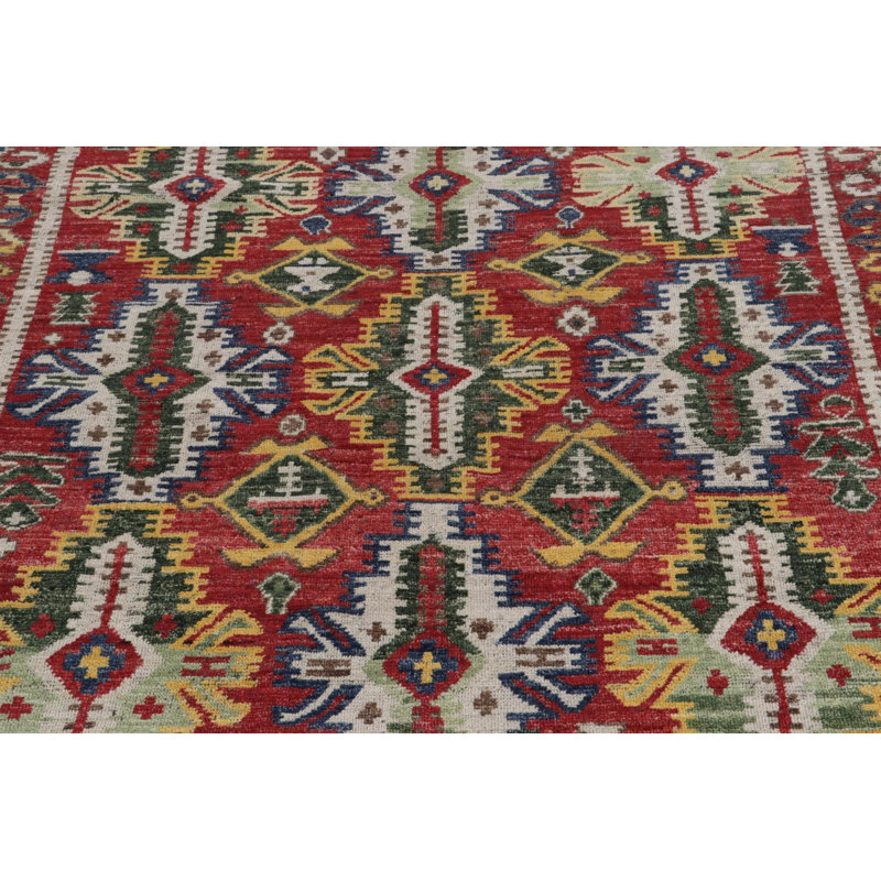 Caucasian Rug In Red, Green And White Geometric Pattern By Rug & Kilim, Rectangle 10' x 14'