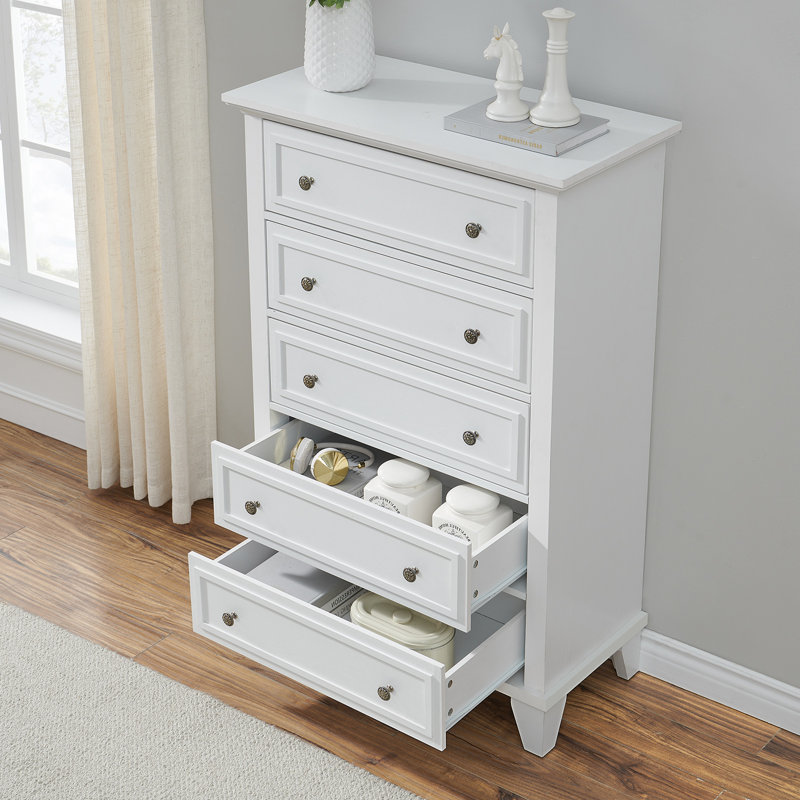 Commode 5 tiroirs en bois, Blanc