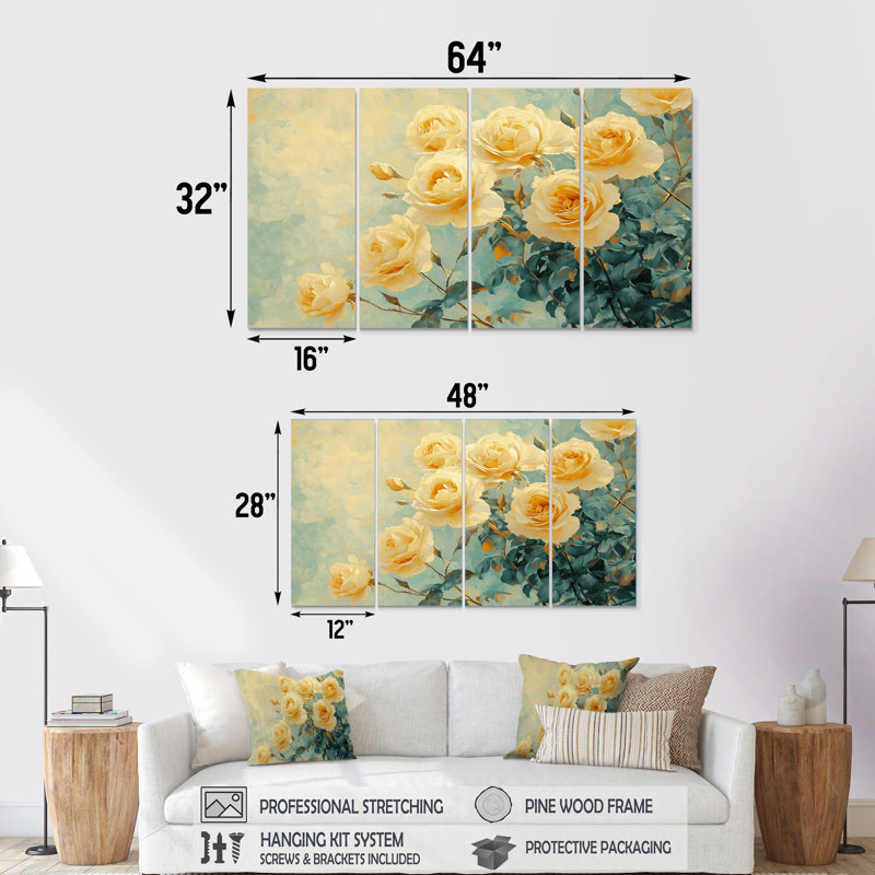 Sunlit Roses of Summer Bloom II - Roses, art mural - art mural moderne, ensemble d'art mural, H 28 po x l 48 po, 4