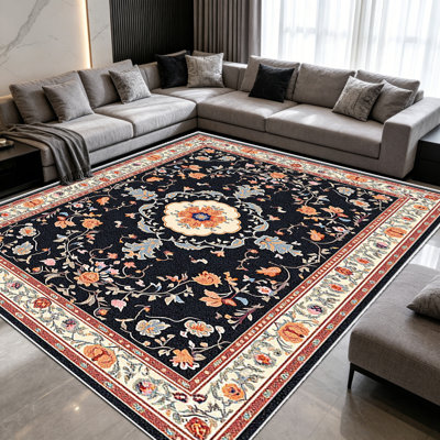 Tapis floral noir et rouge de 1 pièce, élégant tapis décoratif polyvalent, facile à nettoyer et à entretenir, pièce de mobilier idéale pour la chambre à coucher, le salon, le couloir, l'entrée, le dortoir et le bureau afin de rafraîchir l'ambiance intérieure de votre maison