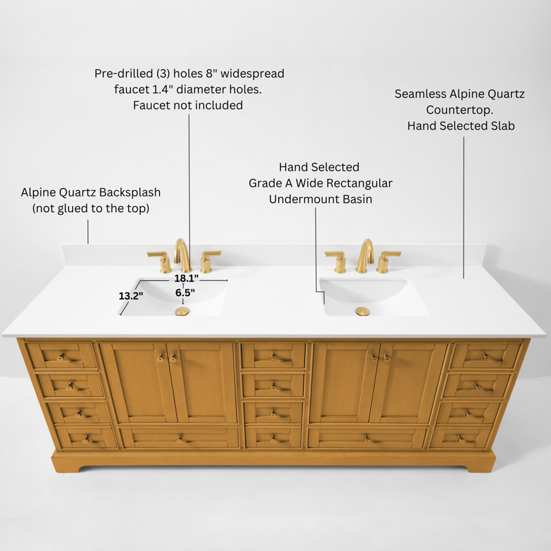 Audrey 84'' Free Standing Double Bathroom Vanity with Calacatta Quartz Top, Rose Gold, Sienna