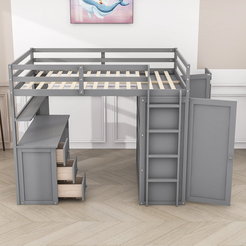 Lit mezzanine avec tiroirs Heathyr Kids, Gris, Lit double