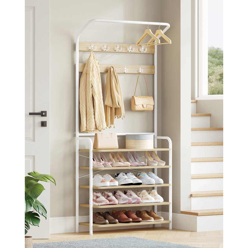 Coat Stand, Coat Rack with Shoe Storage and Adjustable Shelves, FreeStanding Metal Coat Hall Tree with 9 Hooks, 5 Shelves for Hallway, Living Room, Bedroom, Office