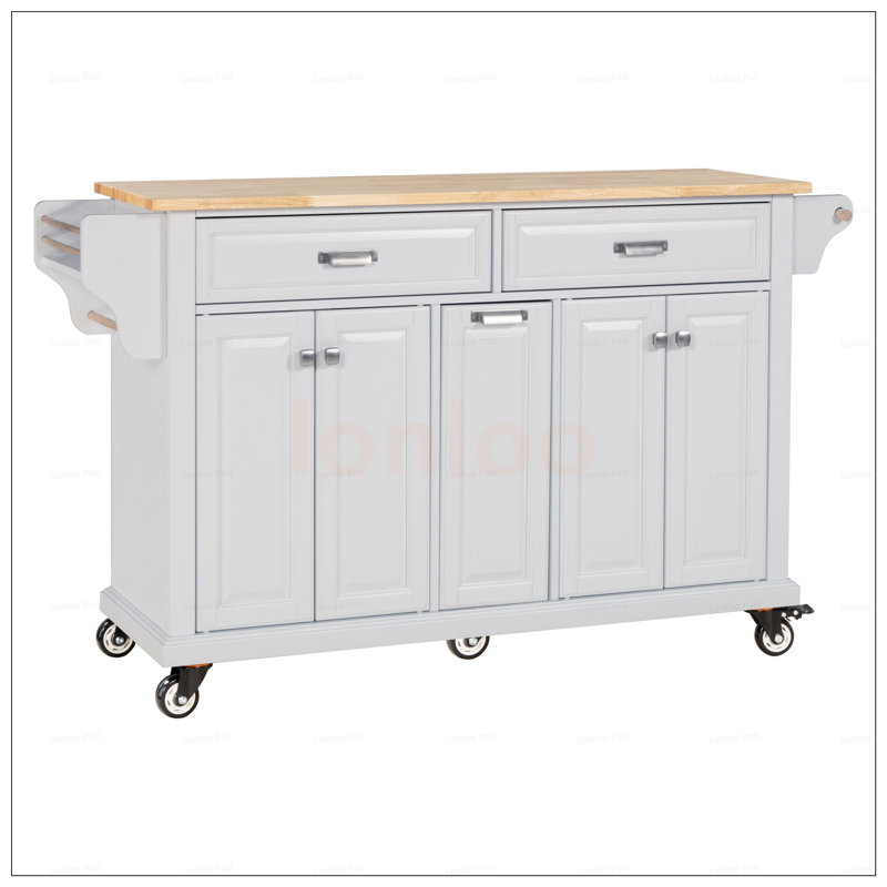 Durable Kitchen Island With Rubberwood Countertop, Spacious Storage, And 5-Wheel Mobility For Enhanced Cooking Convenience