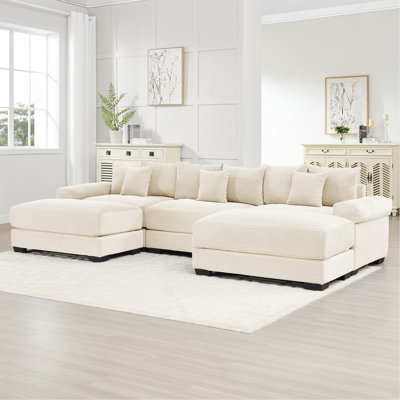 130" Oversized Cloud Modular Sectional Couch,Premium Corduroy Fabric,3-Seater Deep Seat Wide Armrests,With An Ottoman,Ergonomic Design,Easy Assembly For Lounges Living Room,Cream