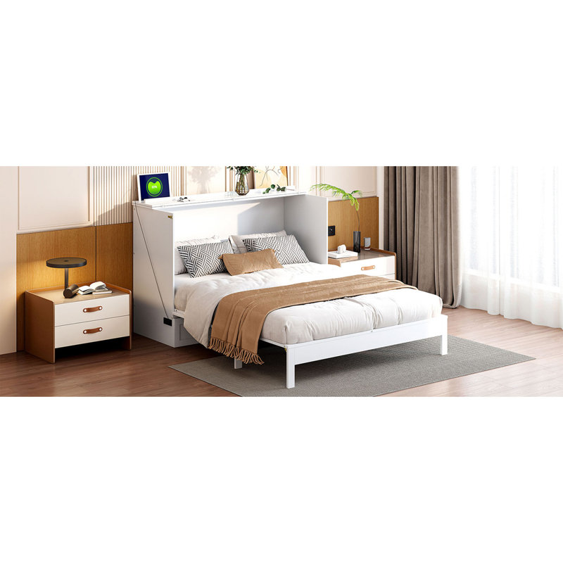 Lit escamotable double avec grands tiroirs, blanc, Lit double, Blanc