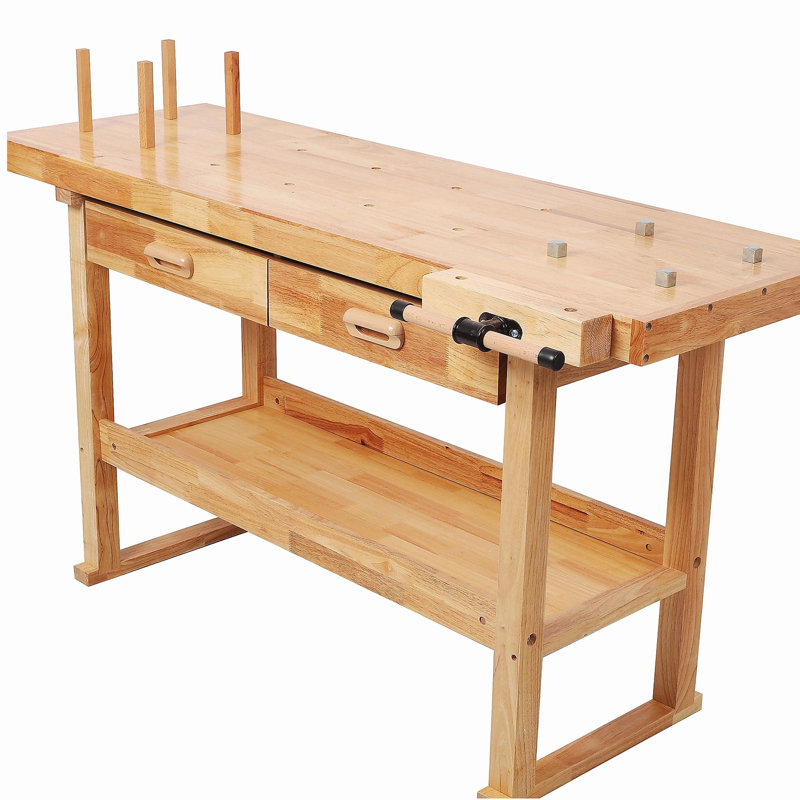 Établi 60 po en bois d'hévéa massif avec 2 tiroirs, tablette ouverte, finition naturelle pour garage, atelier de menuiserie et utilisation domestique