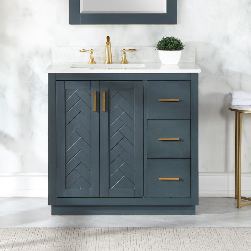 Gazsi 36" Single Bathroom Vanity Set with Grain White Engineered Stone Countertop without Mirror, Charcoal Blue