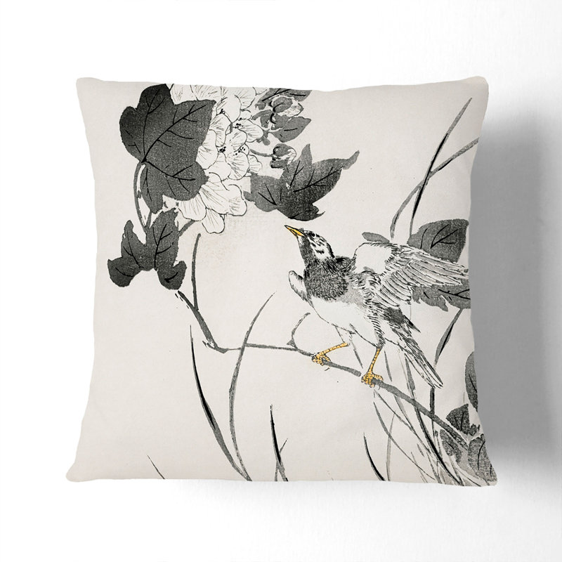 Starling with Lotus Flowers by Numata Kashu Cushion with Filling, 40cm H x 40cm W x 15cm D