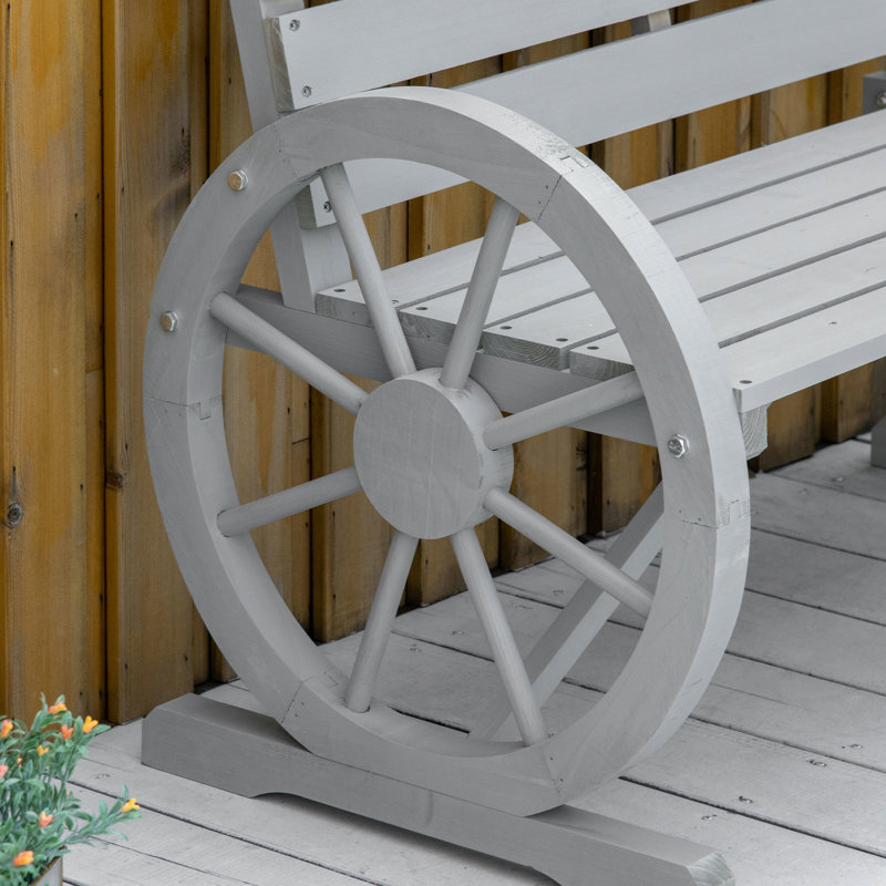 41" Rustic Wooden Wagon Wheel Bench For Outdoor Area, Gray, , , 2 Seat, Fir Wood Furniture, With Gray Weather-