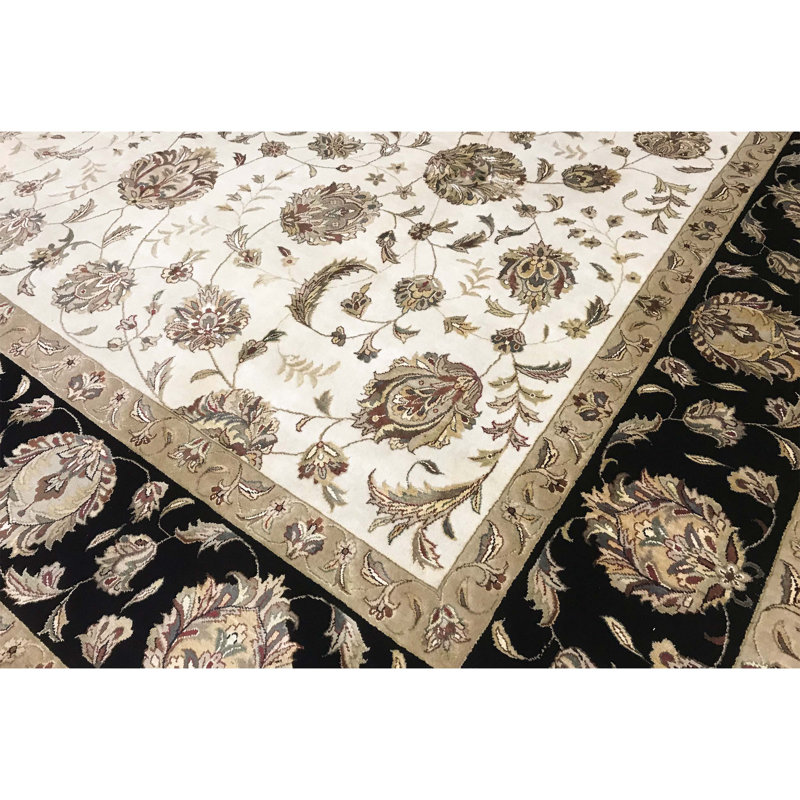 Tapis ivoire et noir noué à la main de haute qualité