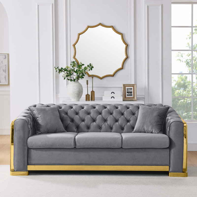 Canapé Chesterfield en velours de luxe, Gris