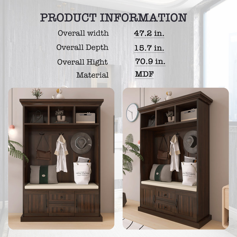 71'' Height 3-In-1 Hall Tree With 3 Hooks , Coat Hanger And Storage Bench For Hallway, Entryway, Living Room, Brown