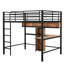 Lit mezzanine double en métal et en bois noir et brun, tablettes de bureau en forme de L, espace sous le lit, garde-corps présents, aucun sommier nécessaire