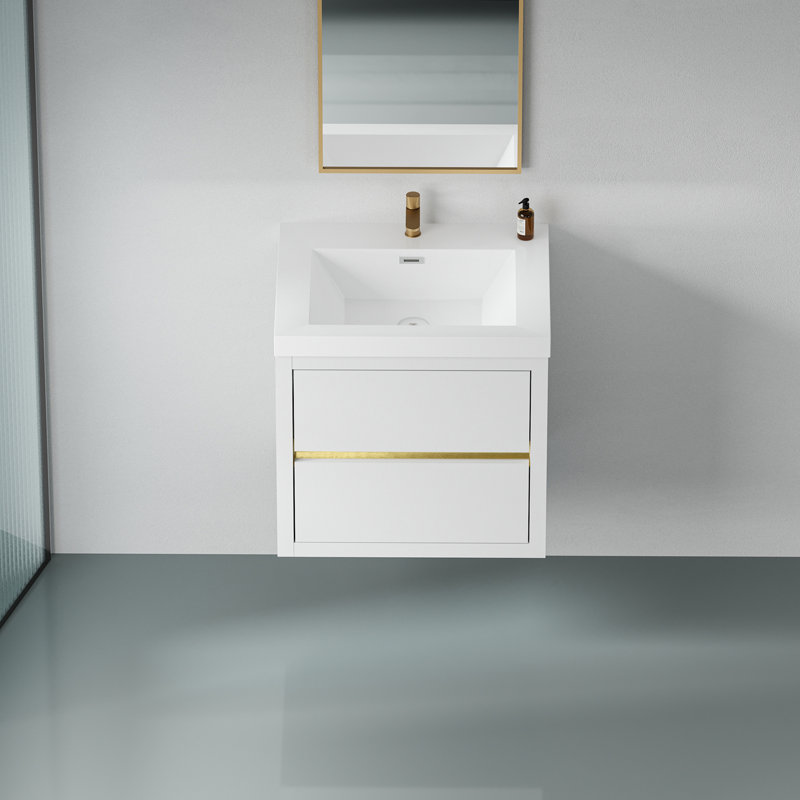 Armoire de rangement flottante pour salle de bain avec comptoir en résine de pierre et tiroirs à fermeture en douceur, Blanc
