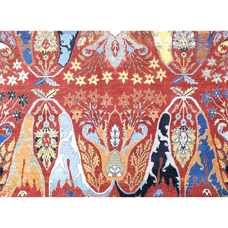 Hand Knotted Wool Area Rug in Red And Charcoal, Rectangle 5' x 8'