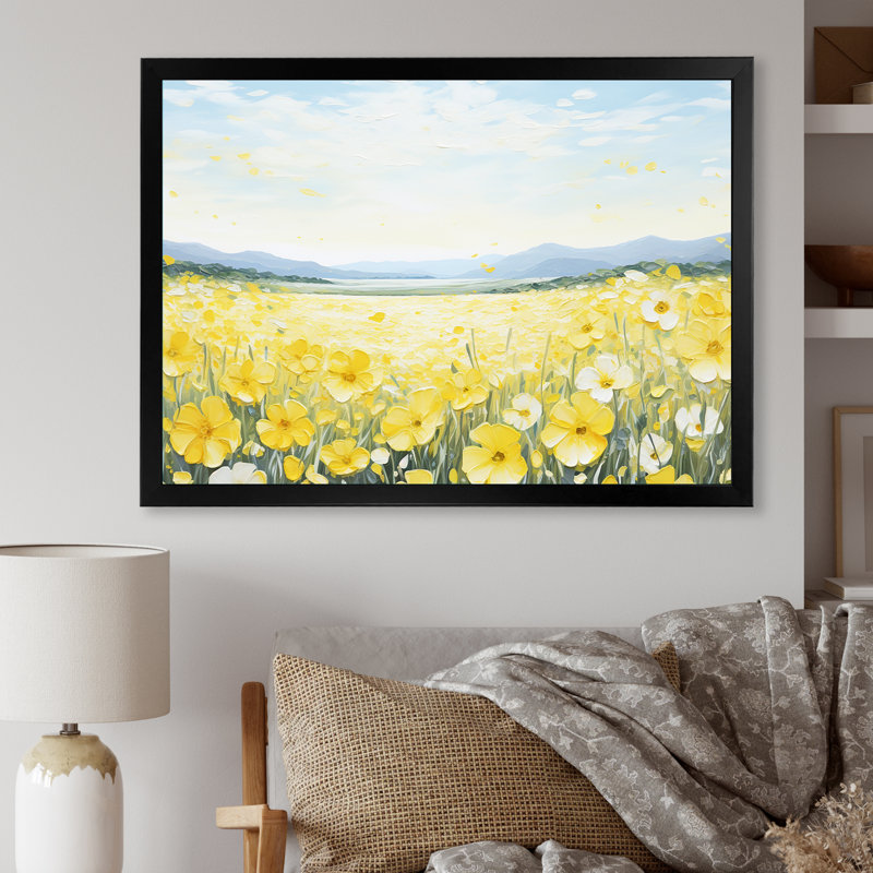 «Buttercups Floral Array Field II», reproduction sur toile, Cadre simple noir, H 12 po x l 20 po x P 0,5 po