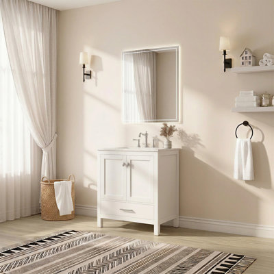 Meuble-lavabo simple de 76 cm (30 po) sur pied avec comptoir en céramique blanche brillante, 1 tiroir ou 2 tiroirs, style moderne pour petite salle de bain