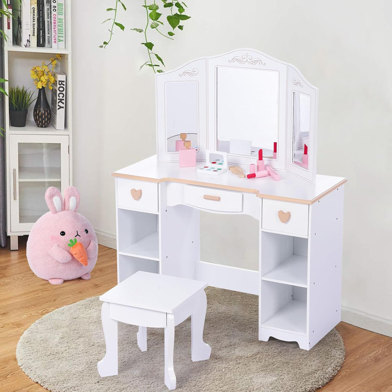 Kids Vanity Table And Chair Set, Princess Makeup Vanity With Mirror And Drawer,Vanity Set With Pretend Wood Makeup Playset, For 3-9 Yr(White)