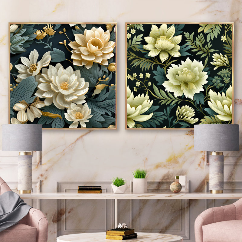 Caledon - Ensemble de 2 collages carrés floraux, Cadre flottant doré, H 36 po x l 73 po
