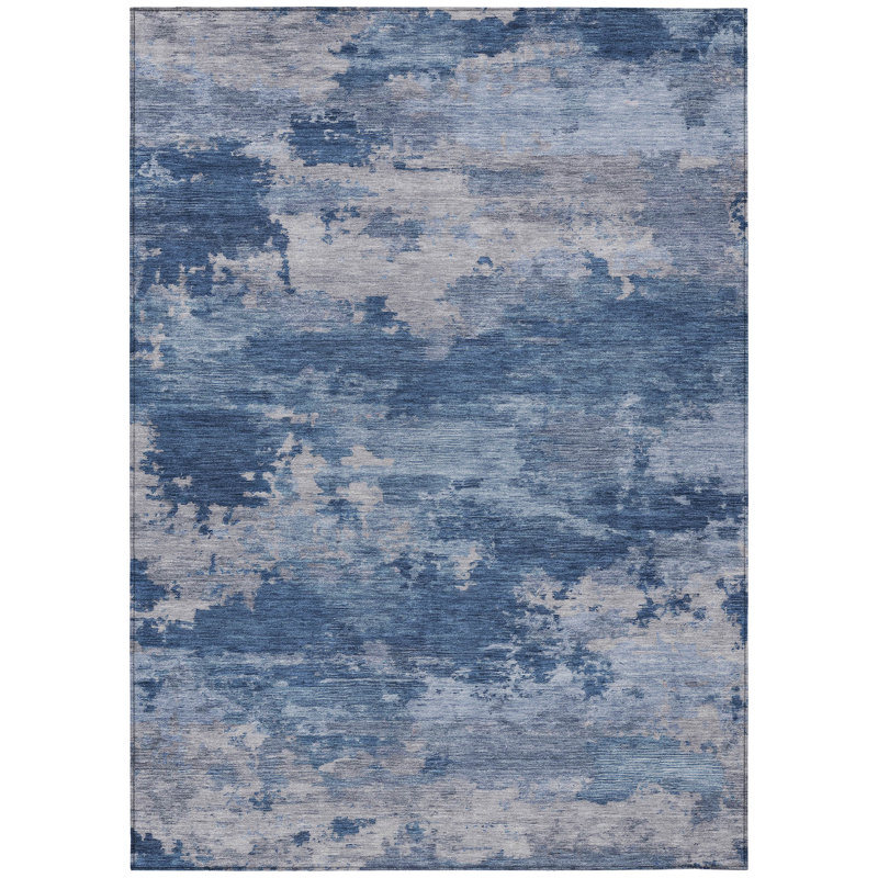 Tapis d'extérieur lavable abstrait bleu marine et ivoire 10 pi x 14 pi