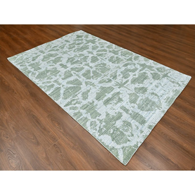 Tapis oriental texturé 6 pi 7 po x 9 pi 6 po vert sauge, tissé à la main, de conception moderne, en laine et en soie à base de plantes