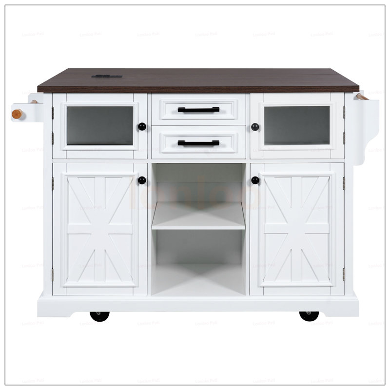 Rustic Rolling Kitchen Island With Drop Leaf, Power Outlet, And Ample Storage For Modern Farmhouse Kitchens, White