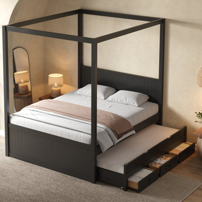Wooden Platform Bed with Headboard, Trundle and Underbed Drawer Storage