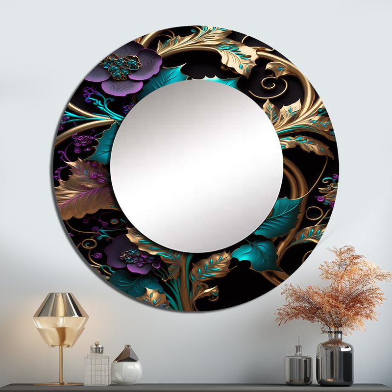 Saorla fleurs abstraites ornées en mauve et or III - miroir décoratif floral, miroir mural rond traditionnel, impression d'art en métal