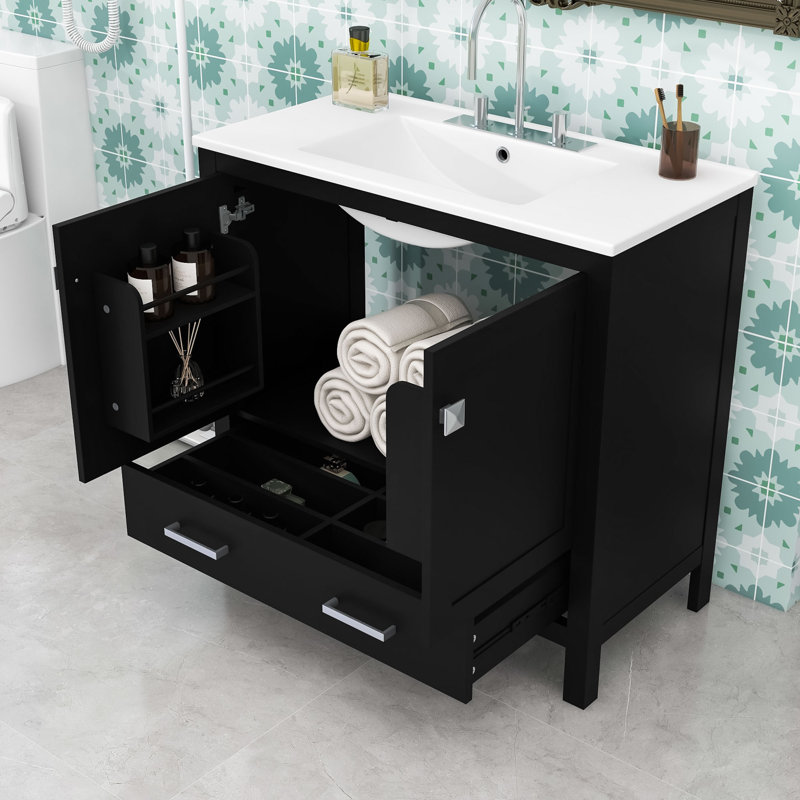 Meuble-lavabo en bois avec lavabo en céramique, tiroir de rangement et tablettes, Noir
